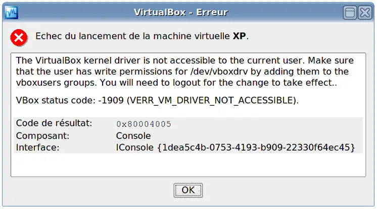 The VirtualBox kernel driver is not accessible to the current user. Make sure that the user has write permissions for /dev/vboxdrv by adding them to the vboxusers group