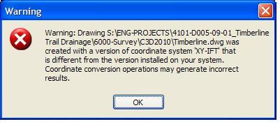 AutoCAD Civil 3D 2010-warning error window