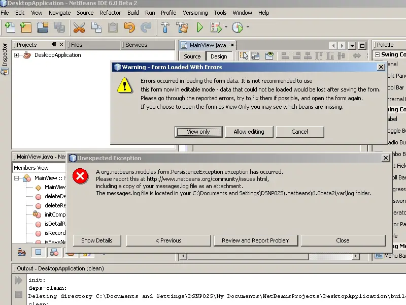NetBeans-Warning – Form Loaded With Errors