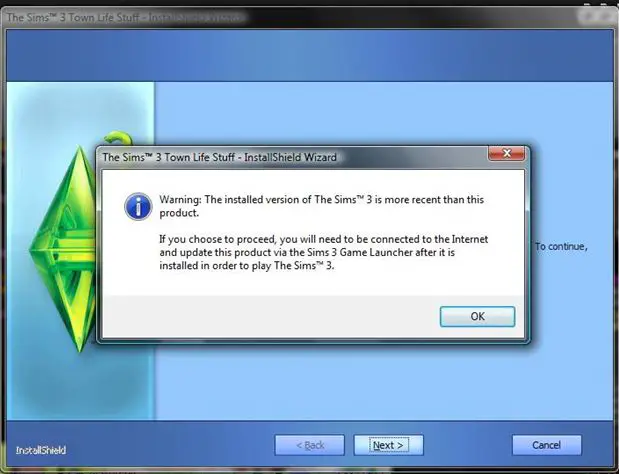 The installed version of The SimsTM 3 is more recent than this product