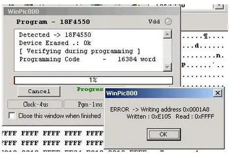 WinPic800 ERROR -> Writing address 0x0001A8 Written : 0xE105 Read : 0xFFFF