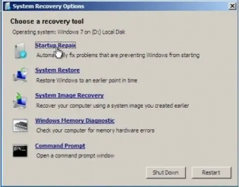system recovery options-Startup Repair Option.