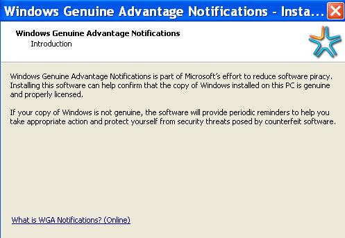 Windows Genuine Advantage Notifications installation window console