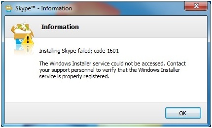 Installing Skype failed; code 1601