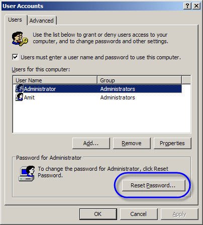 User account Reset Windows Password