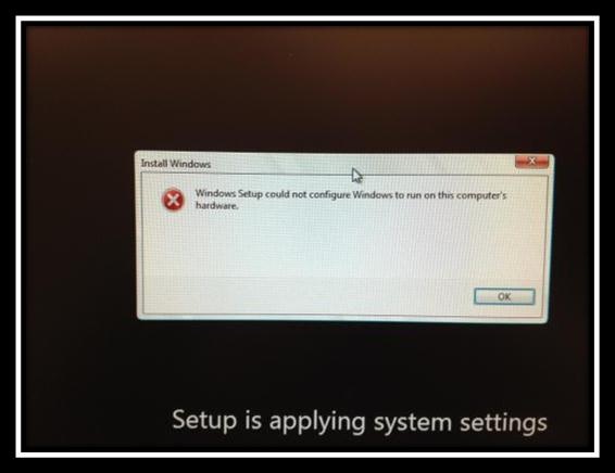 Windows Setup could not configure Windows to run on this computer's hardware.