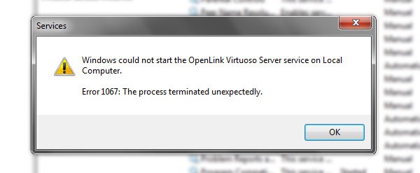 Windows could not start the OpenLink Virtuoso Server service on Local Computer. Error 1067: The process terminated unexpectedly.