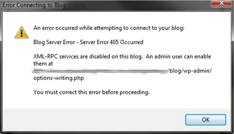 An error occurred while attempting to connect to blog: Blog Server Error – Server Error 405 Occurred