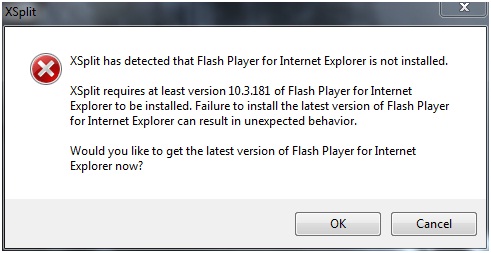 Xsplit has detected that Flash Player for Internet Explorer is not installed