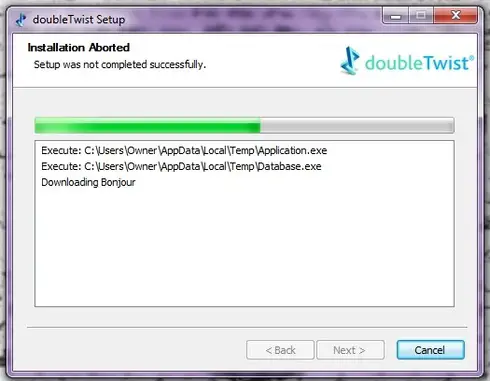 Installation aborted. Set up was not completed successfully