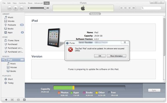 The iPad 'iPad' could not be updated. An unknown error occured 3002