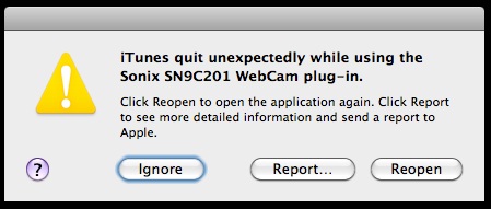 iTunes quit unexpectedly while using the Sonix SN9C201 WebCam plug-in