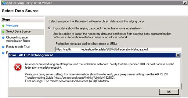 ADFS 2.0 management error-403 error
