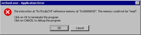 The instruction at “0x761ab27d” reference memory at “0x00000030”. The memory could not be “read"