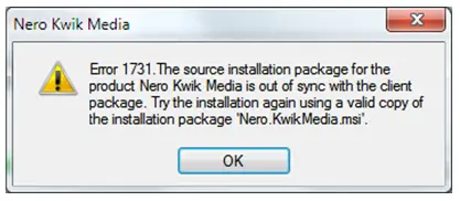 Error 1731. The source installation package for the Product Nero Kwik Media is out of sync with the client Package.