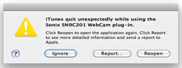 ITunes quit unexpectedly while using the  sonix SNIX 5NC201 webCam plug-in