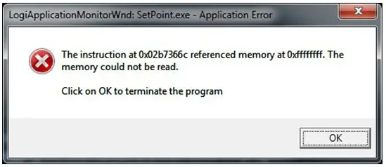 LogiapplicationMonitorWnd - Setpoint.exe Application Error The instruction at 0×02b7366c referenced memory at 0×fffffff. The Memory could not be read.