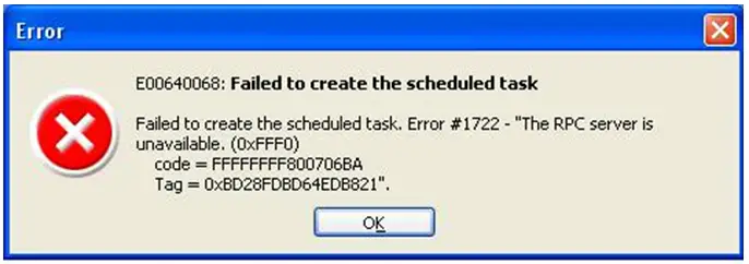 Error #1722 – “The RPC server is unavailable. (0×FFF0) code = FFFFFFFF800706BA Tag = 0×BD28FDBD64EDB821”.