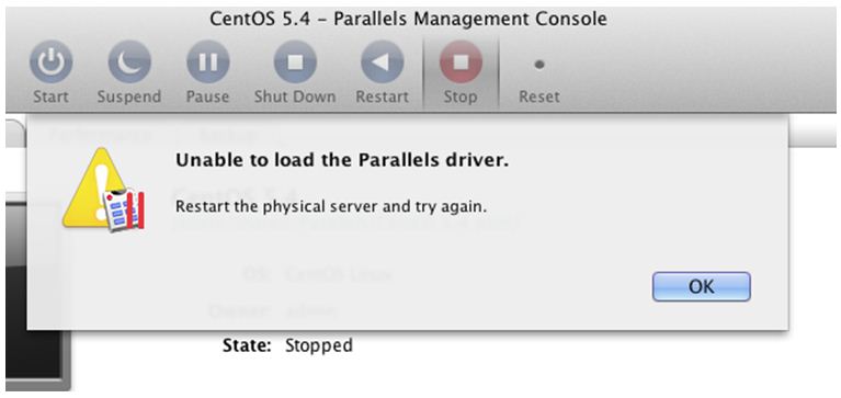 CentOS 5.4 – parallels Management Console Unable to load the Parallels driver.