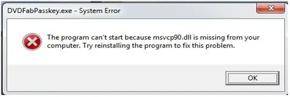 DVDFabPasskey.exe – System Error The program can’t start because msvcp90.dll is missing from your Computer