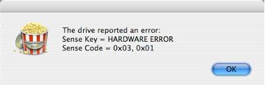 The drive reported an error.Sense key = Hardware Error  Sense Code = 0x03, 0x01