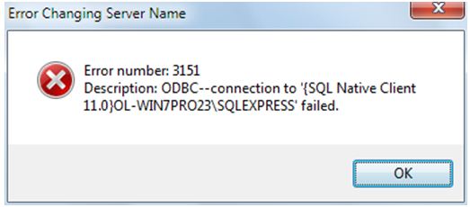 Error number: 3151 Description: ODBC--connection to '{SQL Native Client 11.0} OL-WIN7PRO23SQLEXPRESS' failed.