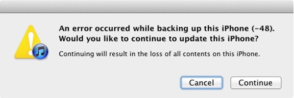 An error occurred while backing up this iPhone (-48).  Would you like to continue to update this phone?