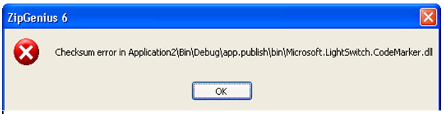 Checksum error in Application2BinDebuapp.publishbinMicrosoft.LightSwitch.CodeMarker.dll