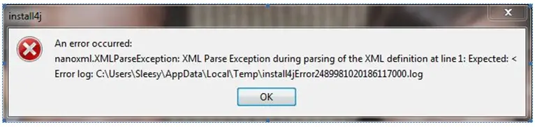 Nanoxml.XMLParseException: XML Parse Exception during parsing of the XML definition at line 1