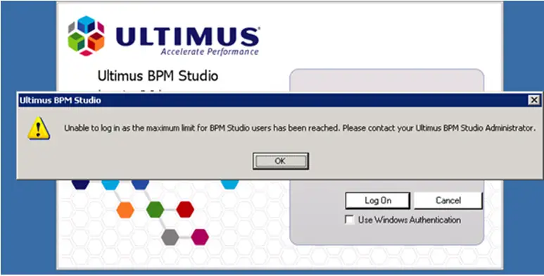 Error - Unable to log in as the maximum limit for BPM Studio users has been reached Please contact your Ultimus BPM Studio Administrator. 