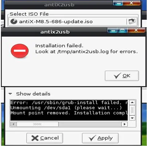 Antix2usb Installation failed