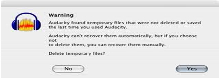 Audacity found temporary files that were not declared or saved the last time you Audacity.