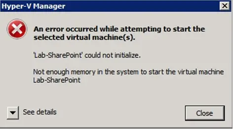 An error occurred while attempting to start the selected virtual machine(s)