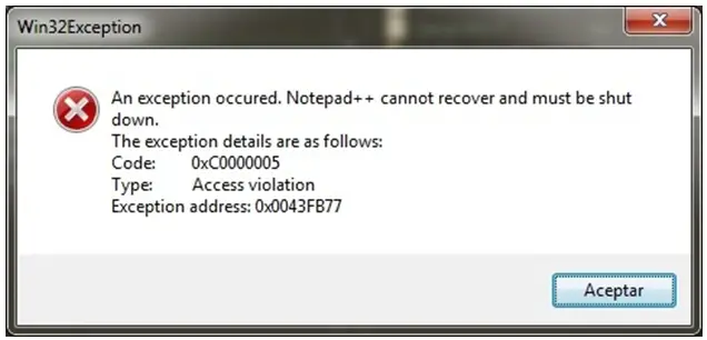 An exception occurred. Notepad++ cannot recover and must be shut down. The exception details are as follows: Code: 0xC00000005 Type: Access violation Exception address: 0x0043FB77