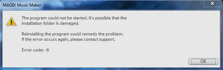 Reinstalling the program could remedy the problem. If the error occurs again, please contact support. Error code: - 6