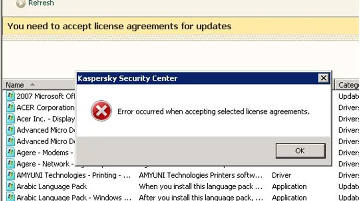 Error – Error occurred when accepting selected license agreements.