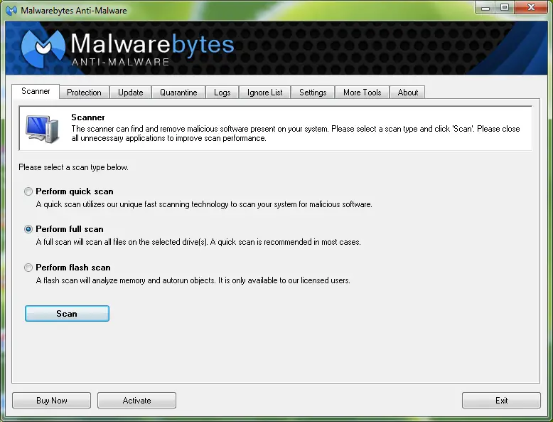 Malwarebytes Anti-Malware Software Console