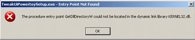 he procedure entry point GetDllDirectoryW could not be located in the dynamic link library KERNEL32.dll.