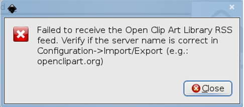 Failed to receive the open clip art library RSS Feed. Verify if the server name is correct in Configuration - > Import/Export (e.g.: Openclipart.org)