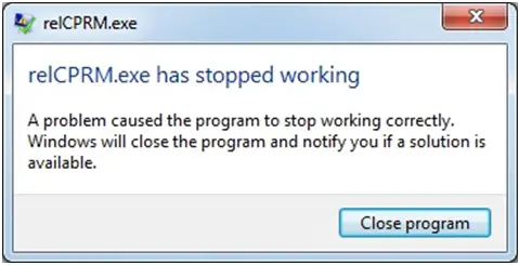 relCPRM.exe has stopped working A problem caused the problem to stop working correctly. Windows will close the program and notify you if a solution is available.