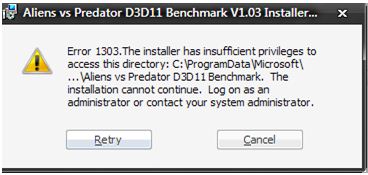 Error 1303. The installer has insufficient privileges to access this directory