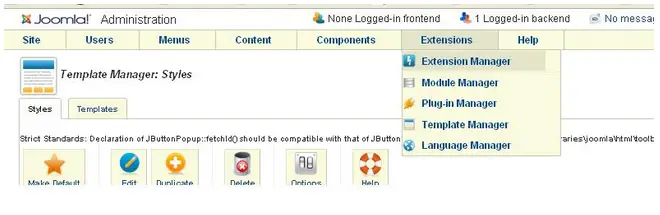 Joomla Administration Template Manager Styles