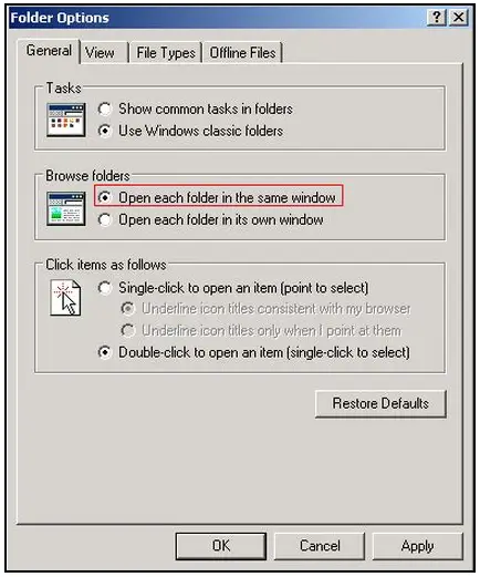 Start Control Panel Folder Option General Tab