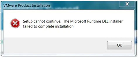 The Microsoft Runtime DLL installer failed to complete installation.