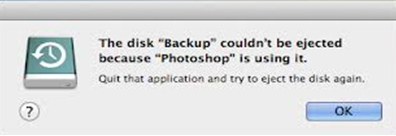 The disk “Backup” couldn’t be ejected because “Photoshop” is using it.  Quit that application and try to eject the disk again.