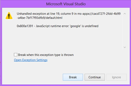 JaveScript Runtime Error Microsoft Visual Studio