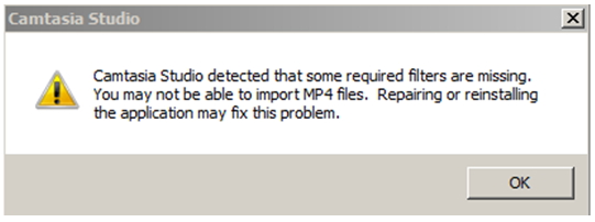 Camtasia Studio detected that Some filters are missing. You may not be able to import MP4 files