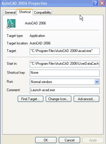 AutoCAD 2006 properties Find target to go to HOME directory of AutoCAD