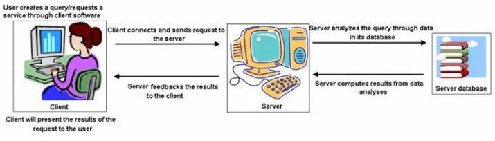 Client/Server computing would involve a "client" and a "server. The client will connect and send the query/requested service of the user to the "server". The server would then analyze and compute the results as found in its database and send the results back to the client. The client would then present the results to the user who queried/requested the service. This process is clearly presented in the image below.    
