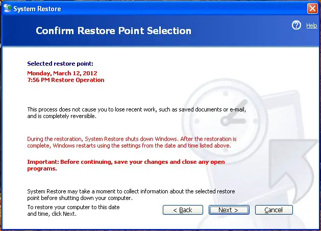 Confirm Restore Point